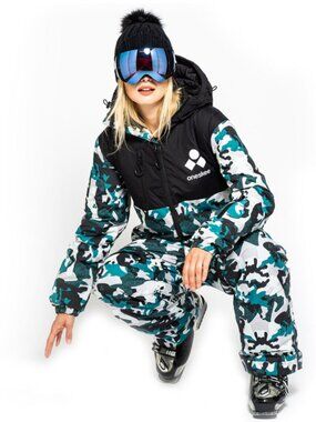 Oneskee Womens One Piece Ski Suit Teal Black White Camo Size W4